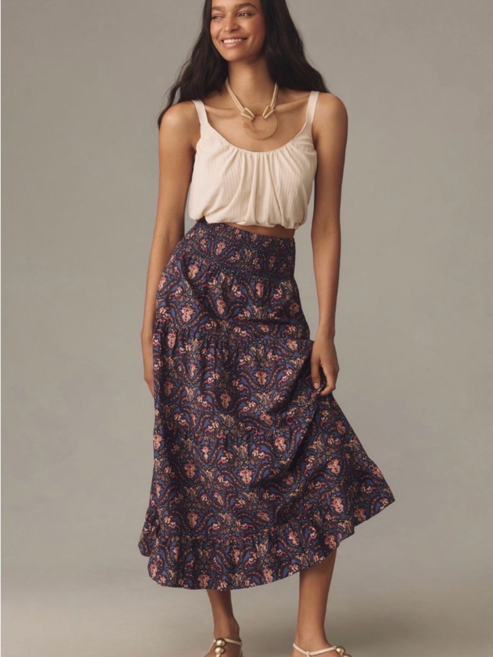 Anthropologie Navy Floral Tiered Maxi Skirt with Peach, Gold, & Maroon Accents